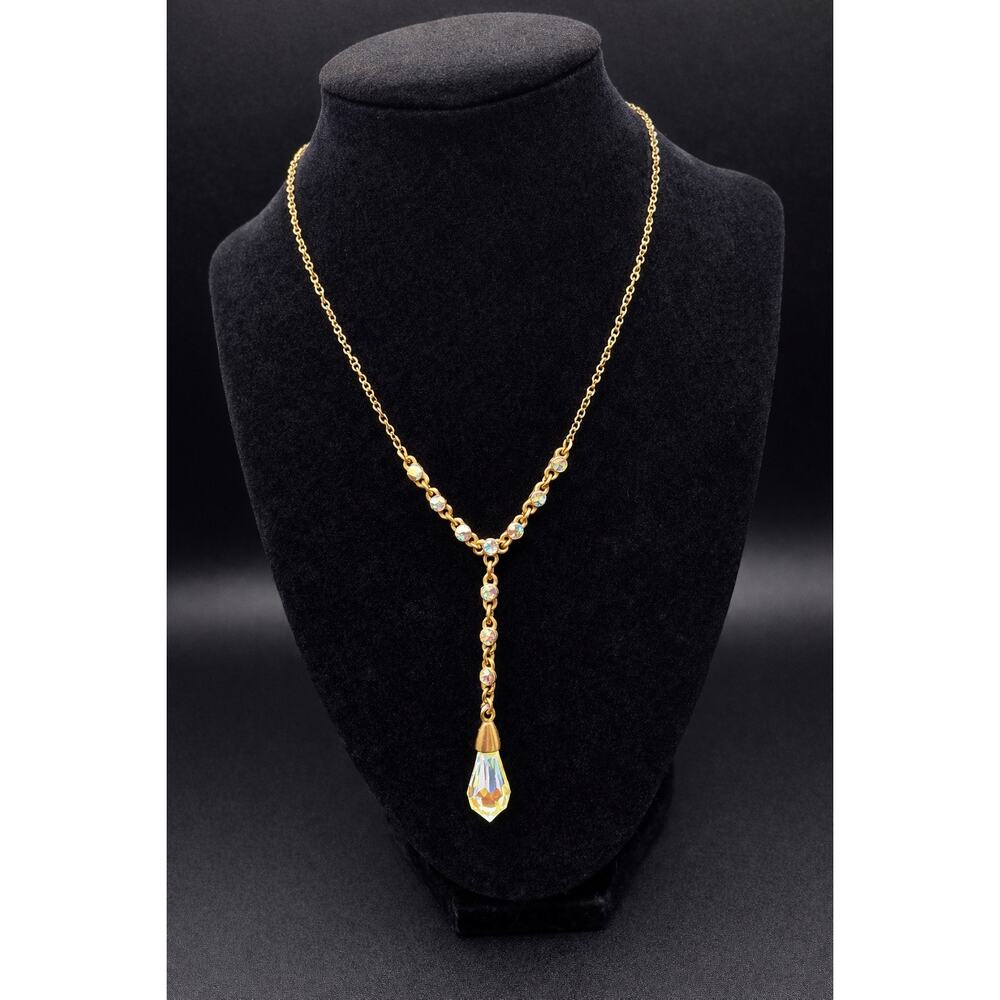 Givenchy Gold Tone Crystal Y Necklace Teardrop Drop Signed